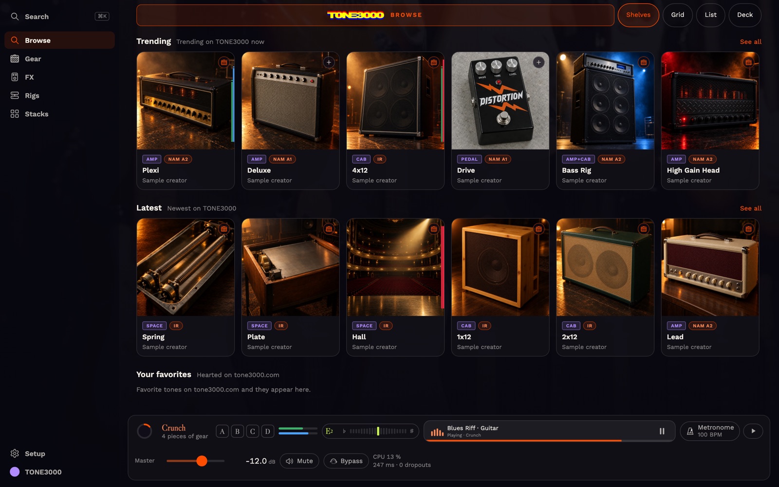 The web app in a wide window: Browse, tones on shelves, and the transport bar