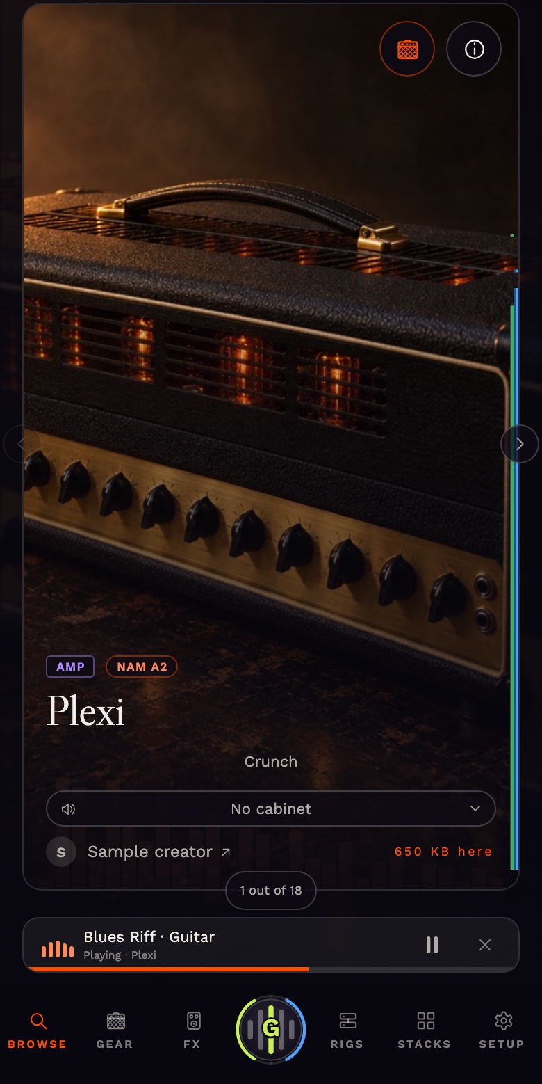 AmpHoarder's swipe deck: a full-screen card for a Plexi amp capture, tagged Amp and NAM A2; the next card is a Deluxe