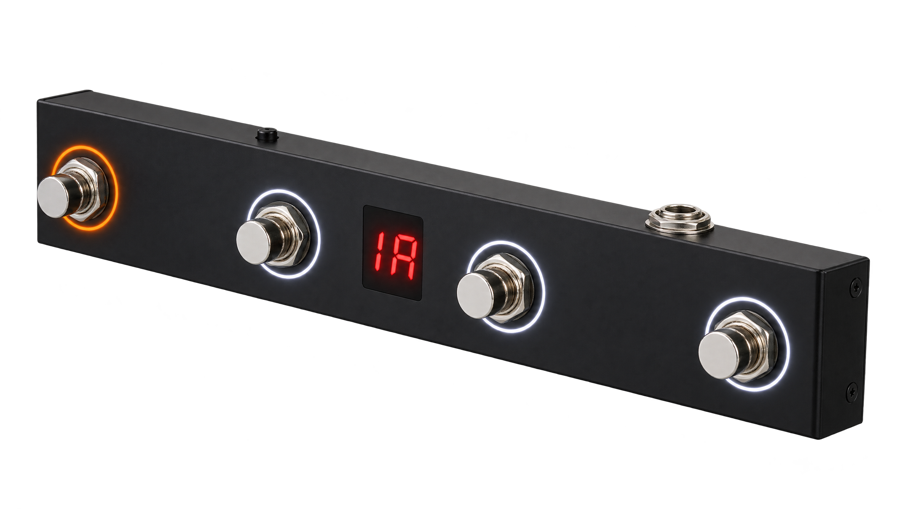 A slim four-switch MIDI foot controller, lit