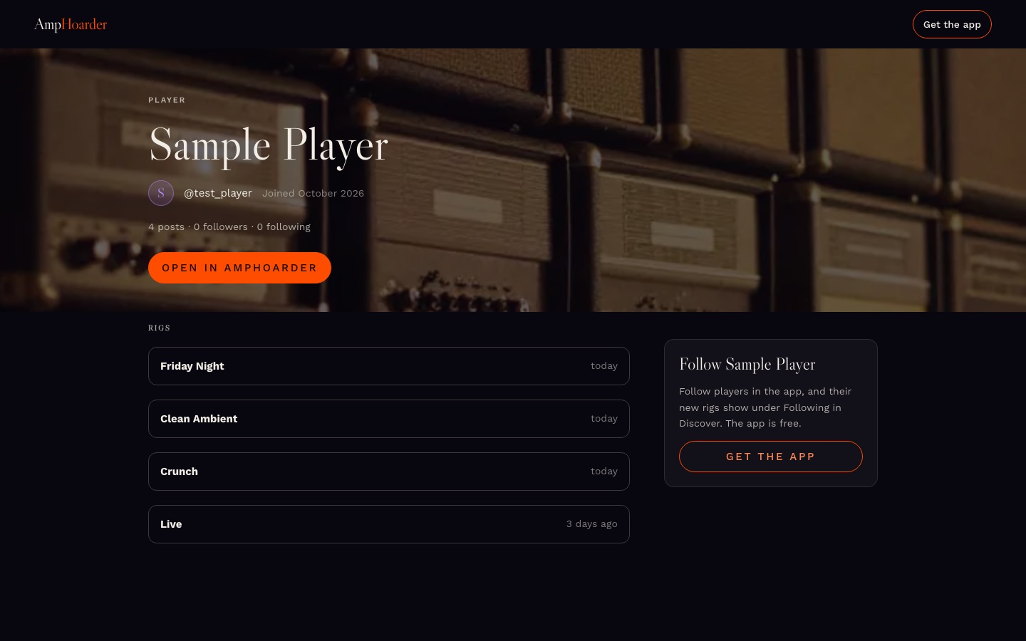A player's page: their name, their posted rigs, and Follow in the app