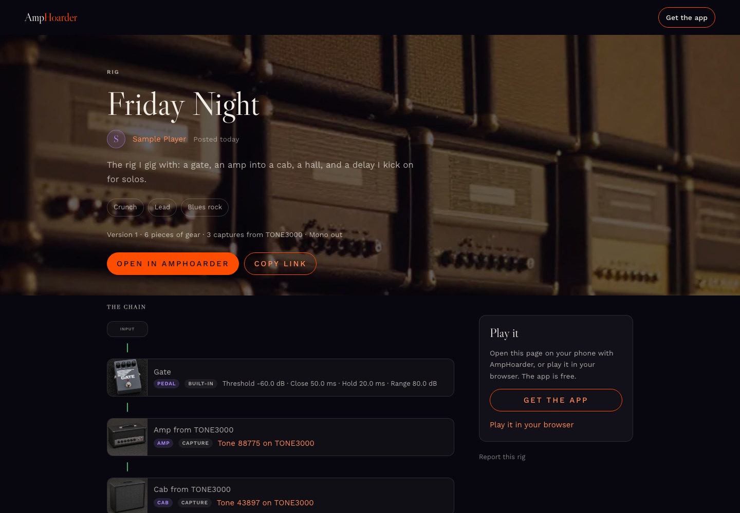 A posted rig's page: its name, the player who posted it, tags, Open in AmpHoarder, and the chain from input to output