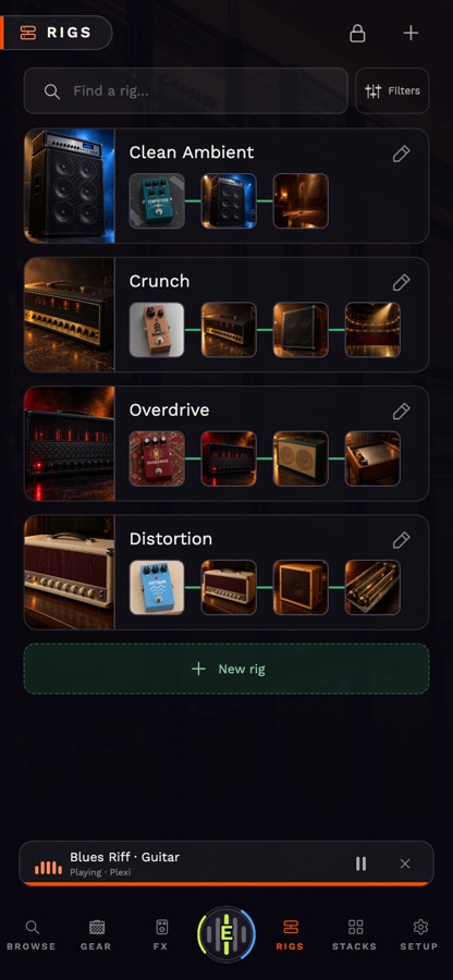 Rigs on a phone: four rigs with their chains, the bar at the bottom with the orb