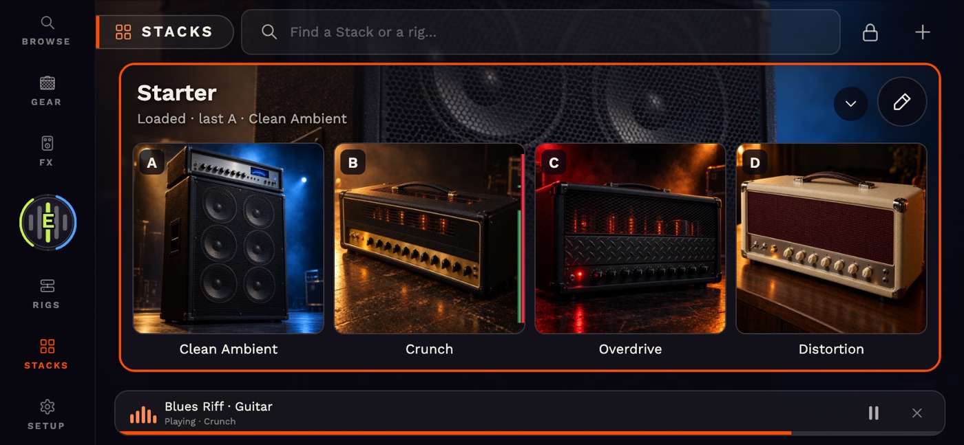 A Stack on a phone on its side: Starter, four rigs, Clean Ambient, Crunch, Overdrive, Distortion