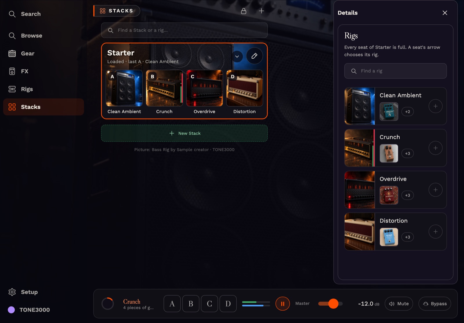 Stacks on a tablet on its side: sidebar, the Stack, its details and the transport bar